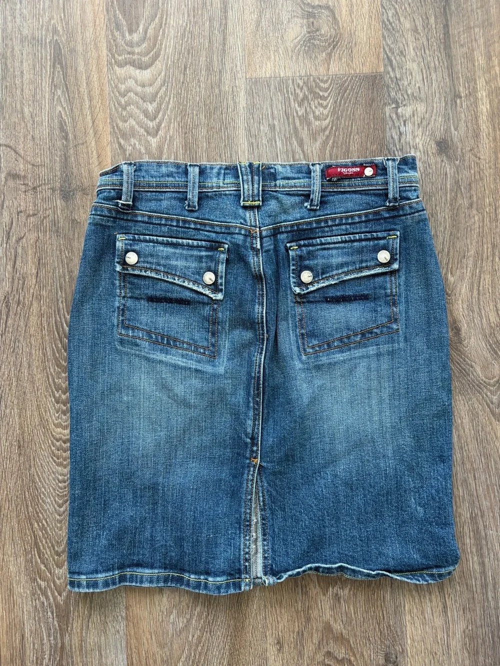Y2K Miss Vigoss Denim Mini Skirt Jean Skirt Contrast Stitch Pocket Detail 3/4